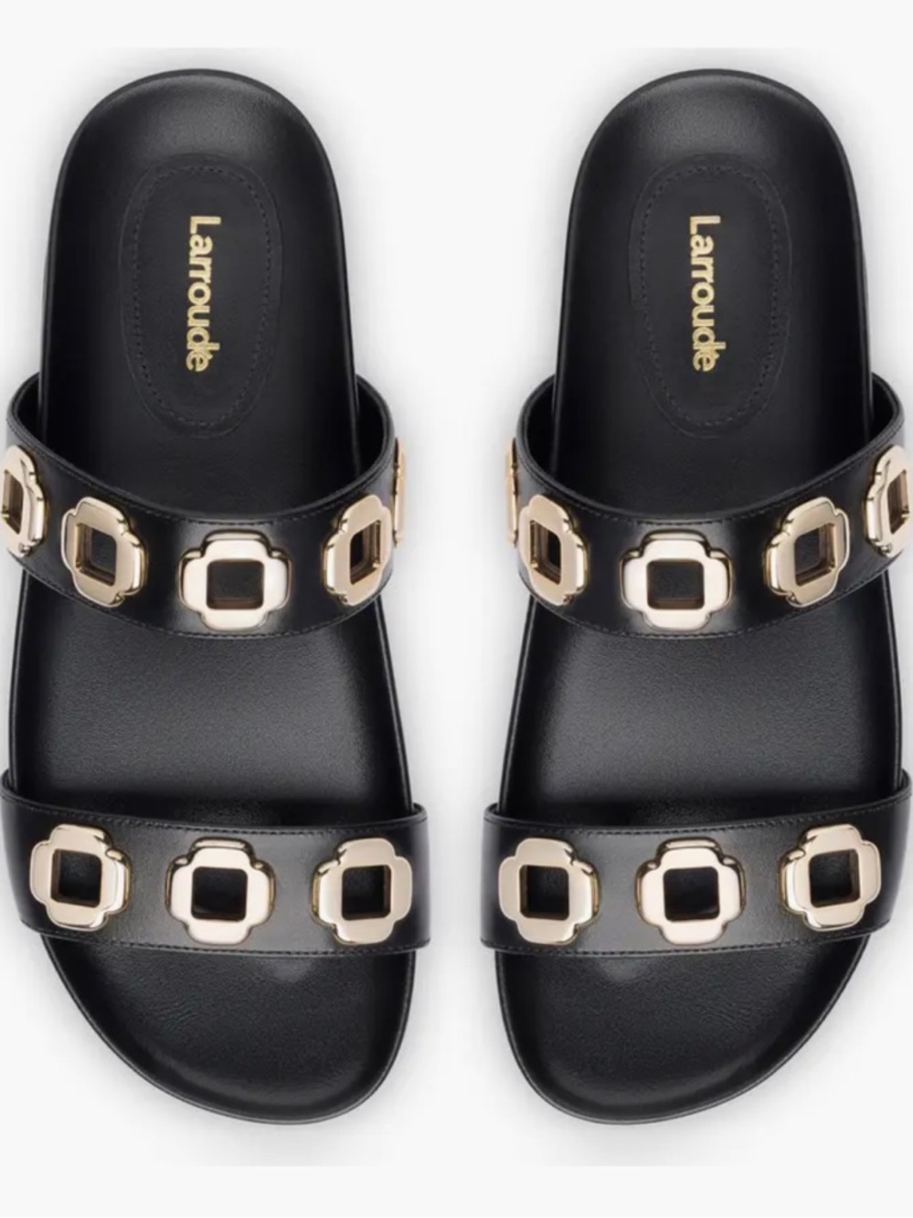 Larroude Milan Black Leather Double-Strap Slide Sandals with Gold Accents - Picture 9 of 12
